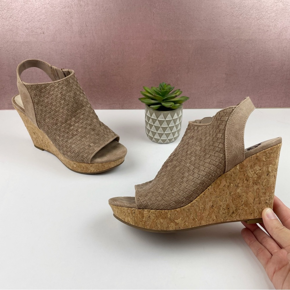 Fergalicious Brown Peep Toe Sling Back Wedge Shoes Women